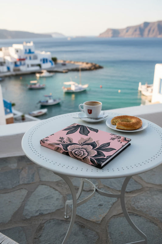 Closed journal and pen on a calm desk setting, representing mindful journaling and reflection